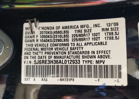 2010 Honda Cr-V Lx z USA, uszkodzony, nr VIN 5J6RE3H36AL012933